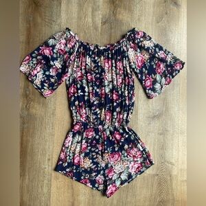 Kori America Navy Floral Off Shoulder Romper S Boho Ruffle Festival Beach Vacay